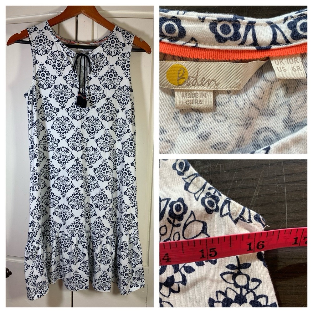 Boden Dress‎ US6R White Blue Floral V-Neck Tassel Sleeveless Ruffle Boho Peasant